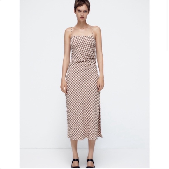 Zara Dresses & Skirts - Zara Brown and Cream Gingham Slip Dress